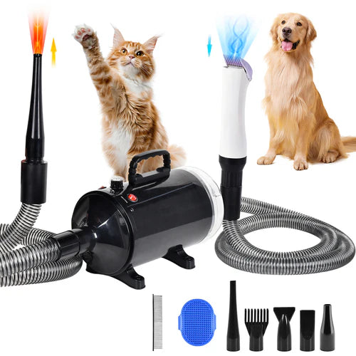 Pet grooming dryer with attachments and two pets on a white background at Pet Servo