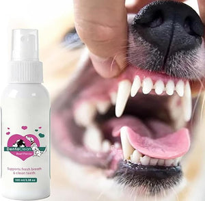Dog dental spray with a close-up of a dog's mouth showing teeth and tongue at Pet Servo