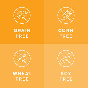 Four-panel graphic on a yellow-orange background showing white icons and text for grain free, corn free, wheat free, and soy free certifications.