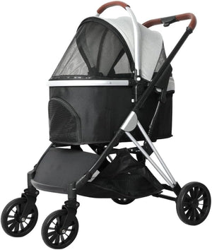 A pet stroller with a black mesh canopy, black base, silver metal frame, brown handle grips, and black wheels, shown on a plain white background at Pet Servo