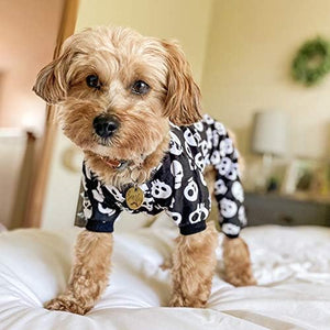 Dog wearing a black and white skull patterned outfit on a bed at Pet Servo