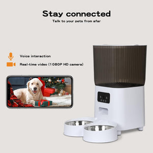 Pet feeding station with smartphone displaying a dog, featuring voice interaction and real-time video capabilities at Pet Servo