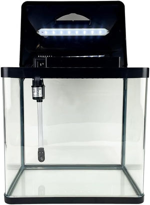 Clear fish tank with black lid featuring LED light on a white background at Pet Servo