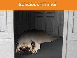 A fawn pug lies stretched out inside a dark entryway or closet space framed by white doors, with an orange banner at the top reading 'Spacious interior' at Pet Servo