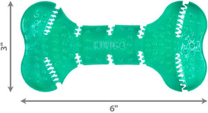 Green bone-shaped dog toy with white stitching, labeled 'KONG', and measurements on a black background at Pet Servo