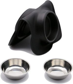 Black silicone funnel and two metal bowls on a white background at Pet Servo