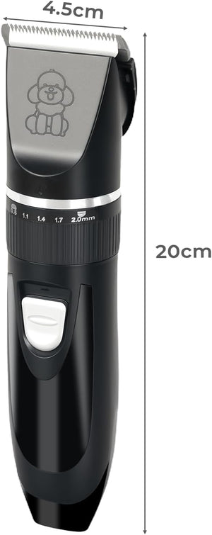 Black pet clipper trimmer with a gray blade, featuring a poodle icon on the blade, a white power switch, and dimension markings showing 4.5cm width and 20cm height at Pet Servo