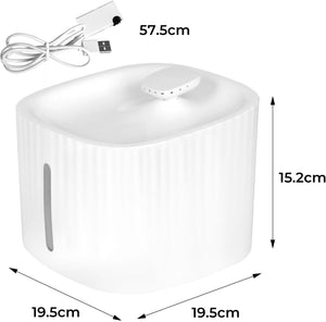 White USB water fountain with dimension labels showing 19.5cm width, 19 at Pet Servo
