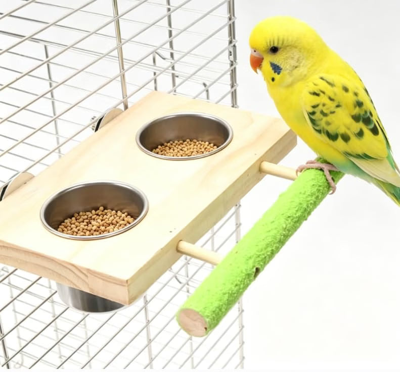 Quhoxdye - Bird Feeding Dish with Wooden Perch & Stainless Steel Bowl