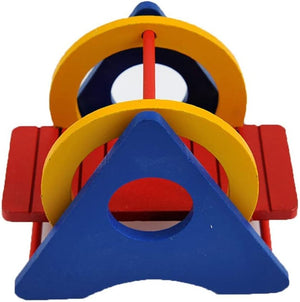 Colorful plastic toy with red, yellow, and blue shapes on a white background at Pet Servo