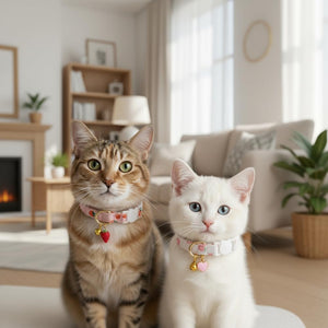 Two cats wearing collars in a cozy living room at Pet Servo