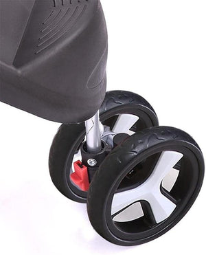 Close-up of the front wheel assembly of a stroller or pram, showing black tires with white and black rims, a silver metal axle, and a small red adjustment knob, set against a plain white background at Pet Servo