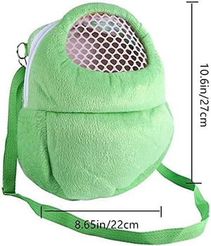 Green pet carrier with mesh front panel and measurements on a white background at Pet Servo