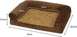 Brown pet bed with dimensions labeled on a white background at Pet Servo