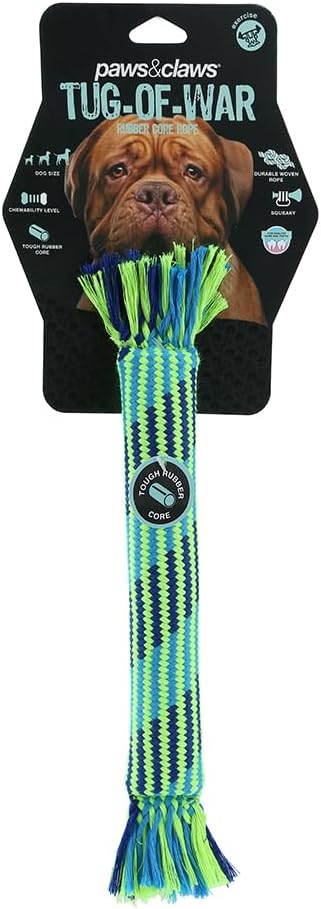 Paws & Claws - Tug-of-War Rubber Core Rope Dog Toy, Blue/Green, 30 cm