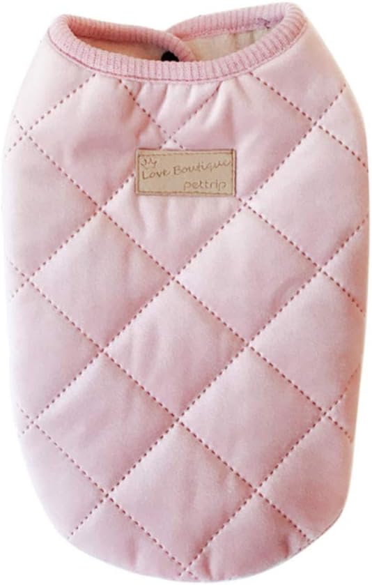 Pink quilted dog coat with a brand label on a white background at Pet Servo