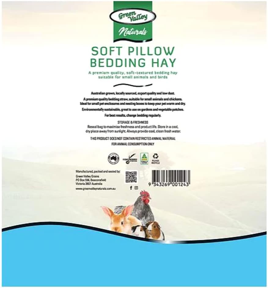 Green Valley Naturals Soft Pillow Bedding Hay packaging with text and images of animals at Pet Servo