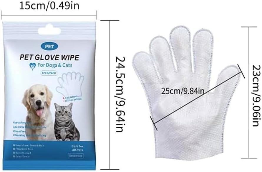 A pet grooming glove and its packaging shown with dimension labels. The product is a white textured pet glove for dogs and cats, with the packaging on the left and size measurements on the right at Pet Servo