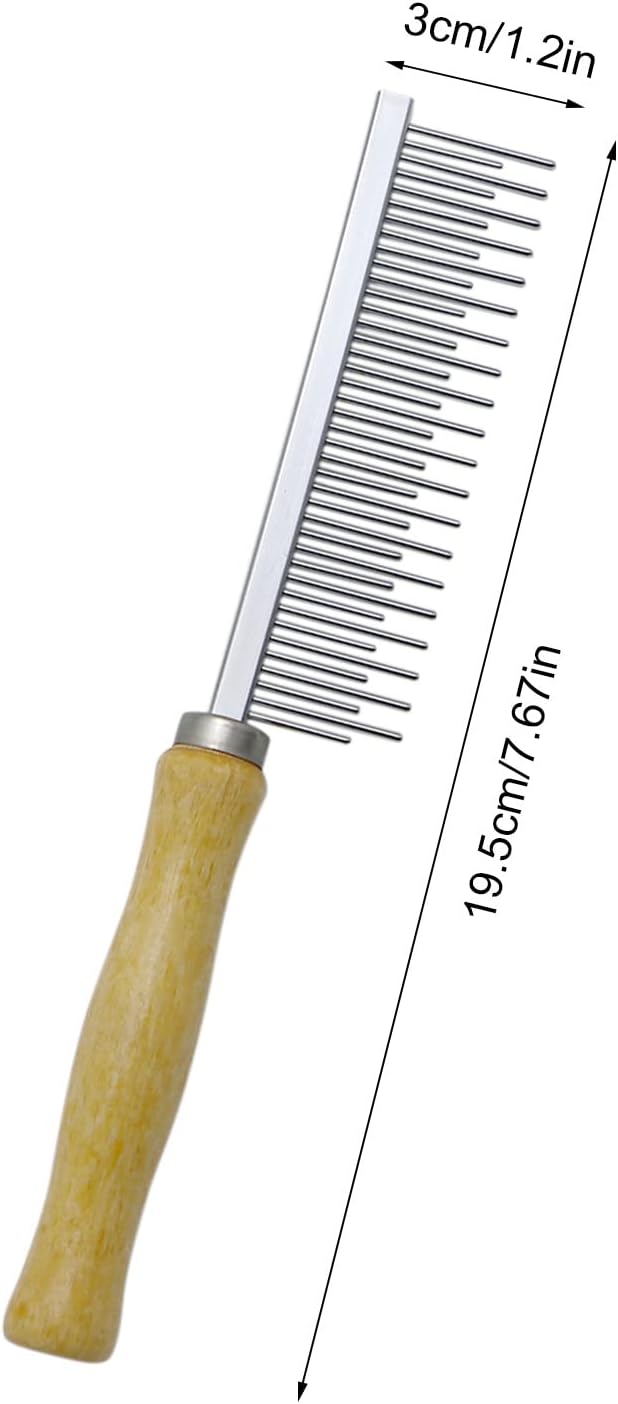 Comb with wooden handle and metal teeth, shown with measurements on a white background at Pet Servo
