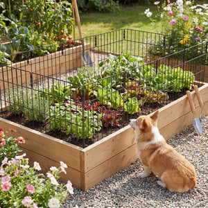 Dog sitting next to a raised garden bed with plants and flowers at Pet Servo