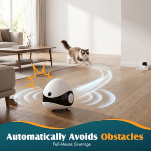A small white and black spherical robot on a wood floor in a bright living room, with glowing light trails showing obstacle avoidance and a cat walking nearby. Text at the bottom reads 'Automatically Avoids Obstacles' and 'Full-House Coverage at Pet Servo