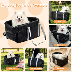Black pet carrier used in various scenarios with a white dog inside at Pet Servo