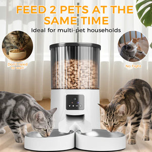 Pet food dispenser with two cats eating from bowls, ideal for multi-pet households at Pet Servo