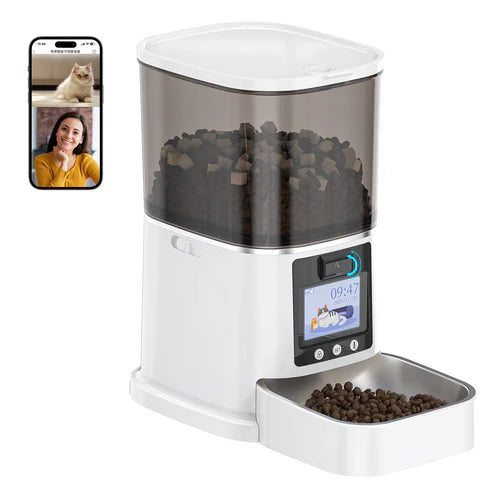 White pet food dispenser with digital display and pet food inside, smartphone app on top left corner at Pet Servo