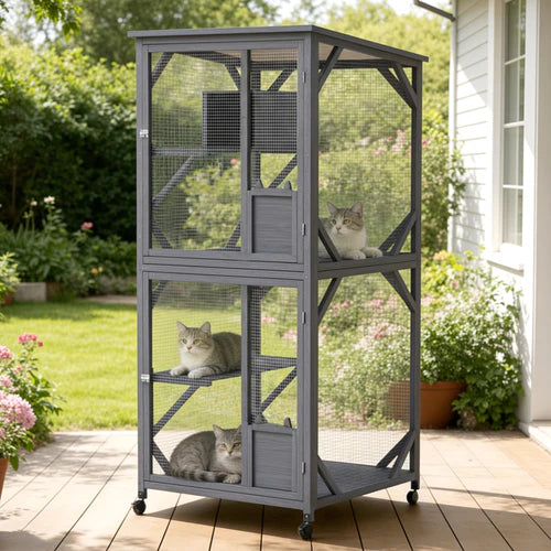 Cat tree with multiple levels and a cat on a deck at Pet Servo