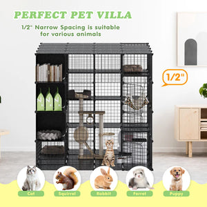 Pet villa with various animals depicted, suitable for cats, squirrels, rabbits, ferrets, and puppies.