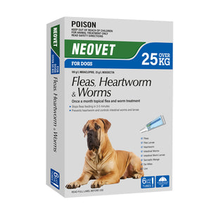 Neovet flea, heartworm, and worm treatment packaging for dogs over 25kg on a white background