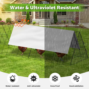 Chicken coop with a rain cover in a backyard setting, highlighting water and ultraviolet resistance features.