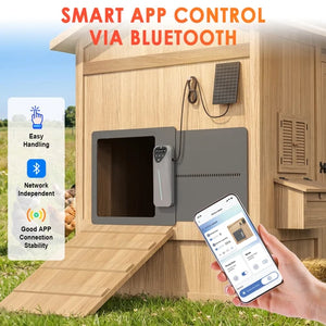 A wooden outdoor animal shelter or coop with a gray door panel and remote control mounted on the front, shown in a grassy outdoor setting. A hand holds a smartphone displaying a control app, with text reading 'SMART APP CONTROL VIA BLUETOOTH' and feature callouts on the left at Pet Servo
