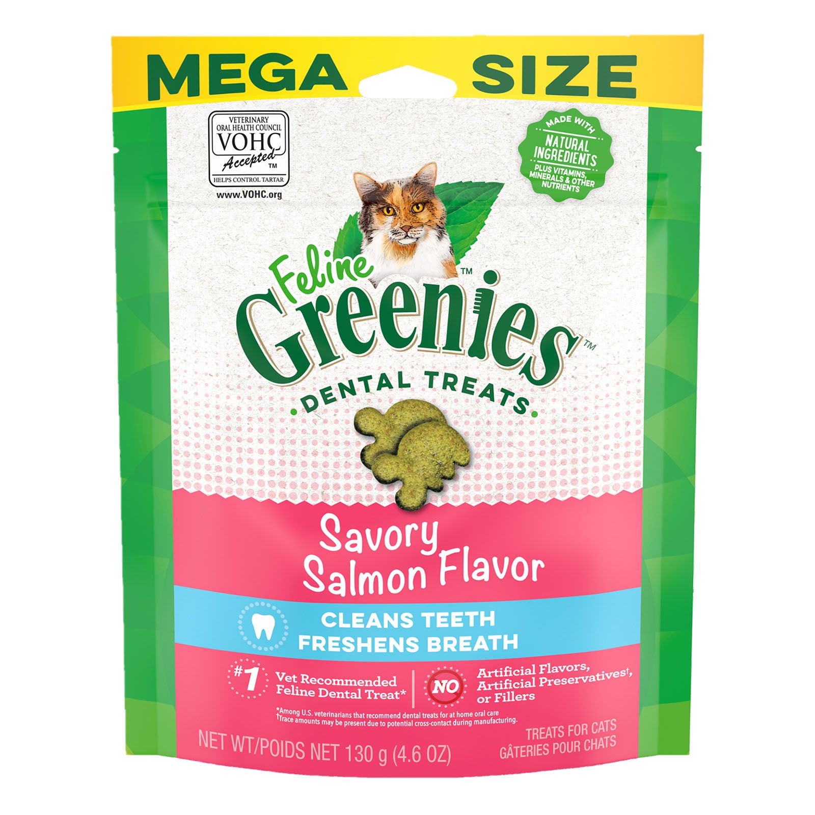 Package of Feline Greenies Savory Salmon Flavor dental treats 130 gm for cats at Pet Servo