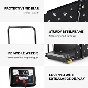 A product feature collage for a black pet treadmill with white paw print pattern. The image is divided into six panels with text callouts: 'PROTECTIVE SIDEBAR', 'STURDY STEEL FRAME', 'PE MOBILE WHEELS', and 'EQUIPPED WITH EXTRA LARGE DISPLAY', alongside close-up views of the treadmill's side panel, frame, wheels, and control display at Pet Servo