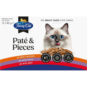 Fussy Cat Pate & Pieces cat food packaging with a cat on the label.