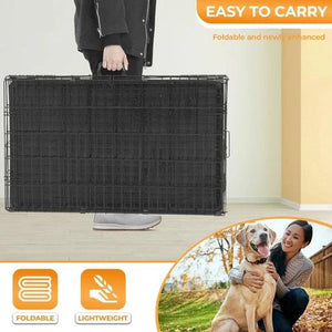 Black pet crate being carried with promotional text about ease of carrying, foldability, and light weight.