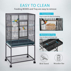 Pet bird cage with features highlighted on a light gray background