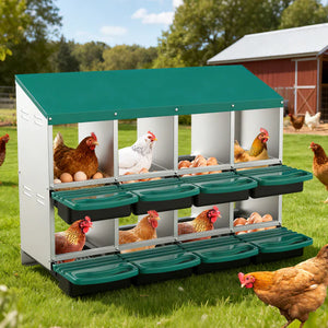 Chicken coop with multiple compartments and chickens in a grassy outdoor setting.
