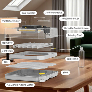Diagram of a poultry incubator with labeled parts on a wooden table.