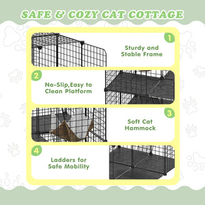 Cat cottage with features highlighted on a green background