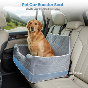 Pet car booster seat with a dog inside, placed on a car seat at Pet Servo