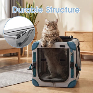 Cat sitting on a pet carrier with 'Durable Structure' text and close-up inset at Pet Servo