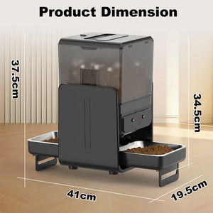 Pet food dispenser with dimensions labeled on a wooden floor at Pet Servo