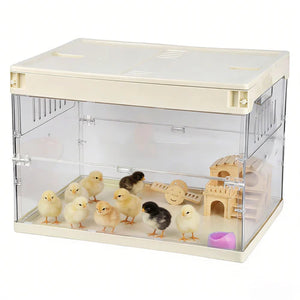Clear pet cage with small animals inside on a white background at Pet Servo