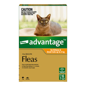 Elanco Advantage flea treatment packaging for kittens and small cats with a cat image on a white background at Pet Servo