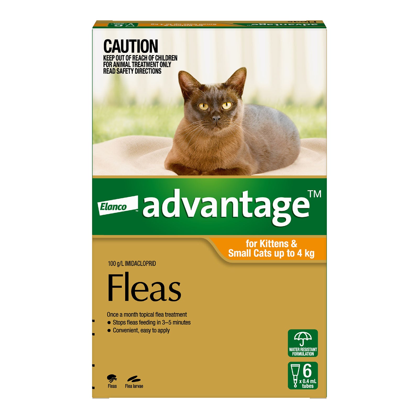 Elanco Advantage flea treatment packaging for kittens and small cats with a cat image on a white background at Pet Servo