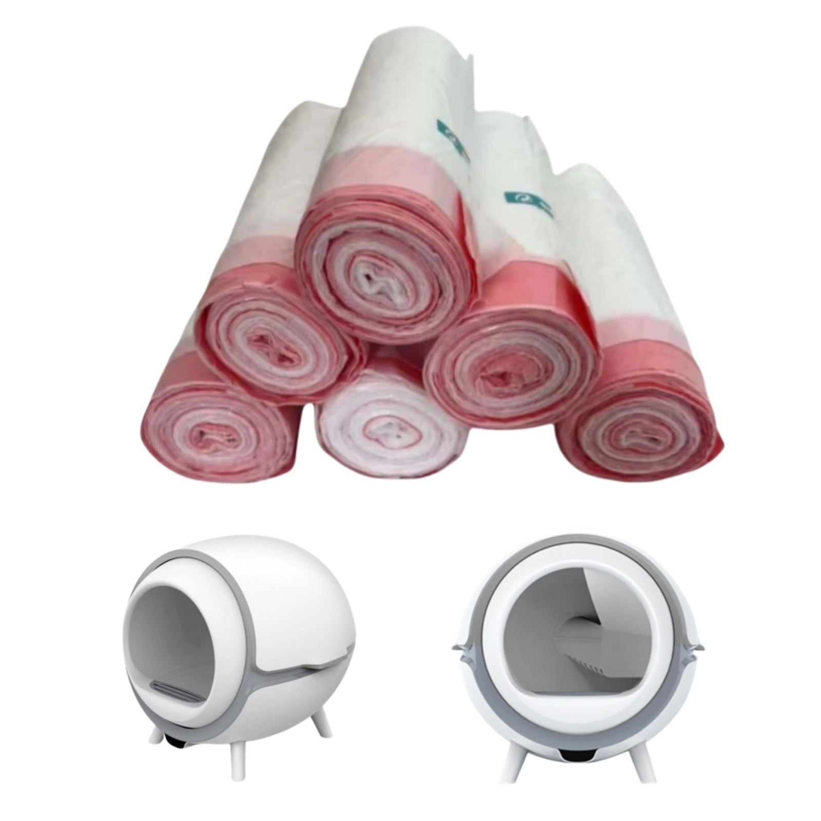 A set of white plastic trash bags with pink-red edges, shown stacked above two small white spherical trash compactor devices on a plain white background at Pet Servo