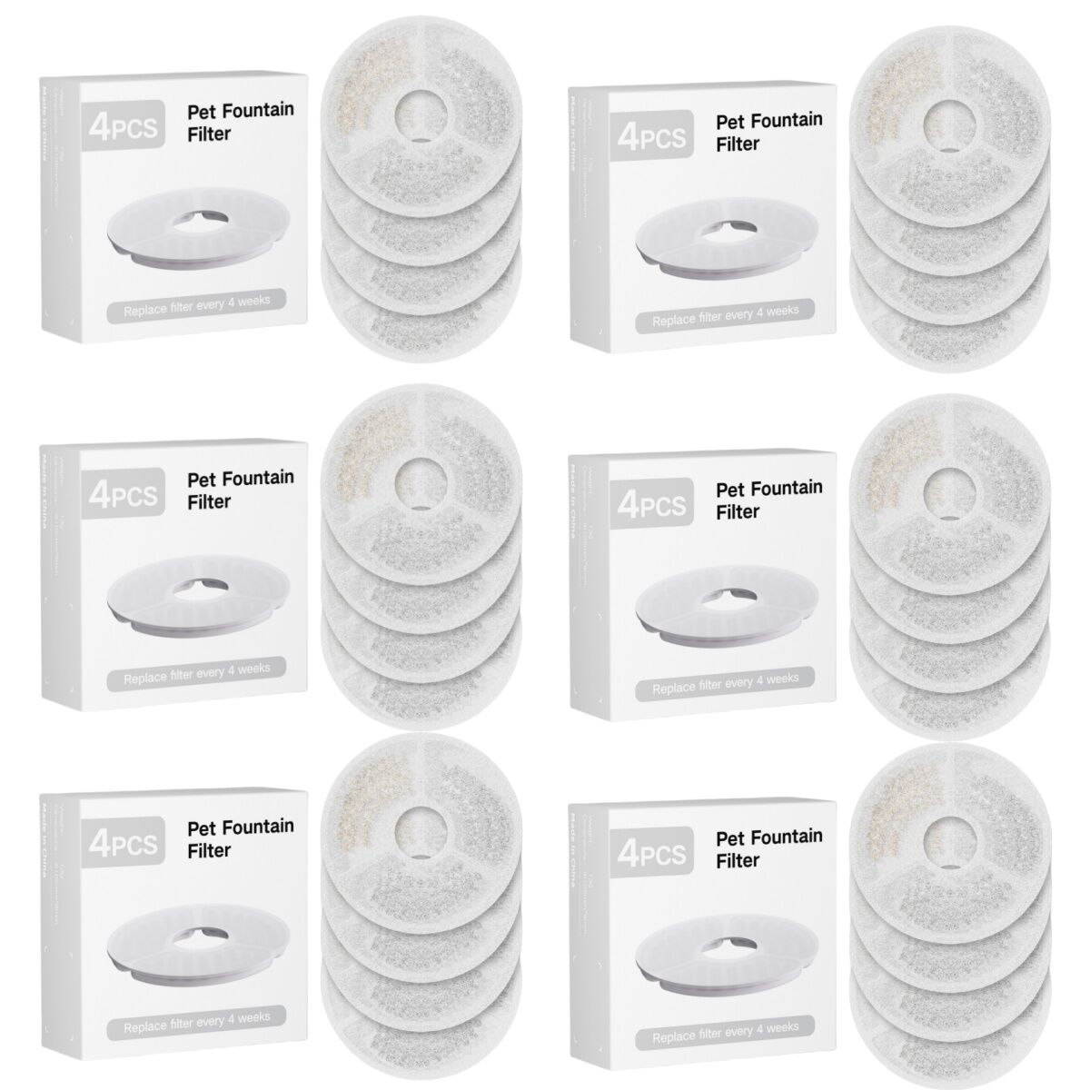 Multiple pet fountain filters with packaging on a white background at Pet Servo