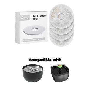 Pet fountain filters with packaging and compatibility text on a white background at Pet Servo